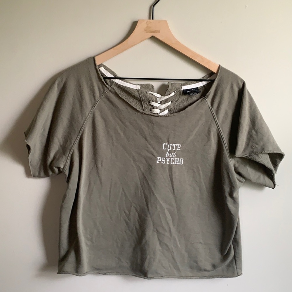 Army green cute but psycho shirt, Size M